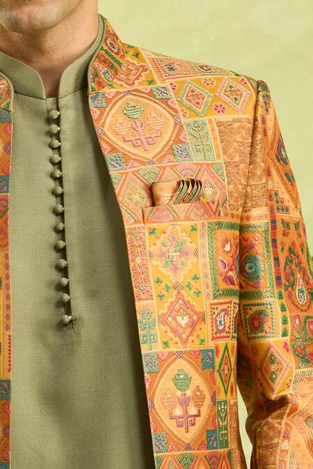 Shop Arihant Rai Sinha Multi Color Embroidery Geometric Woven Sherwani Set Shop_Arihant Rai Sinha_Multi Color Embroidery Geometric Woven Sherwani Set