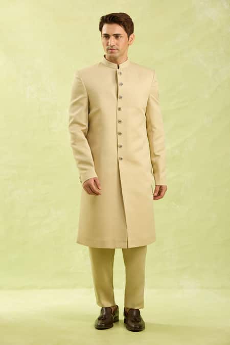 Arihant Rai Sinha_Blue Jacquard, Silk Embroidery Beige Nehru Jacket Set _Online_at_Aza_Fashions