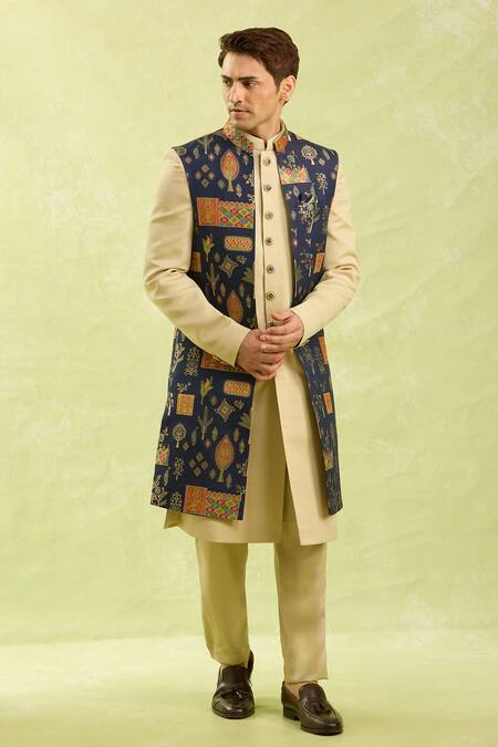 Buy_Arihant Rai Sinha_Blue Jacquard, Silk Embroidery Beige Nehru Jacket Set _Online_at_Aza_Fashions