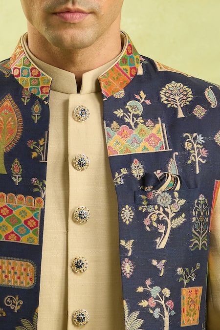 Shop_Arihant Rai Sinha_Blue Jacquard, Silk Embroidery Beige Nehru Jacket Set _Online_at_Aza_Fashions
