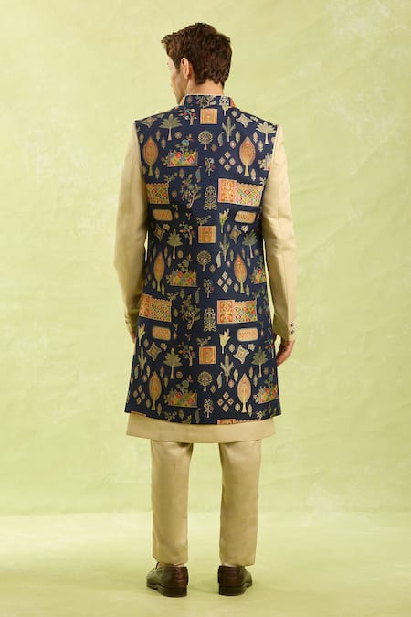 Arihant Rai Sinha Blue Beige Jacquard Nehru Jacket Set 
