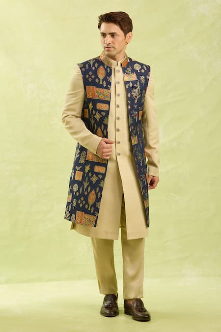 Arihant Rai Sinha Blue Beige Jacquard Nehru Jacket Set