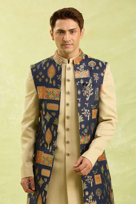 Buy_Arihant Rai Sinha_Blue Jacquard, Silk Embroidery Beige Nehru Jacket Set 