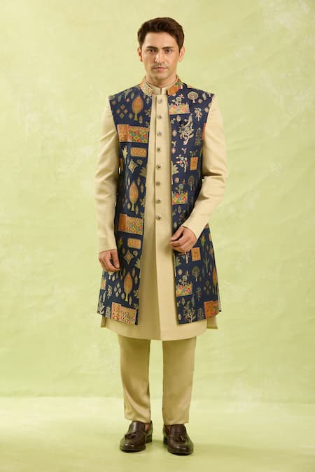 Shop_Arihant Rai Sinha_Blue Jacquard, Silk Embroidery Beige Nehru Jacket Set 