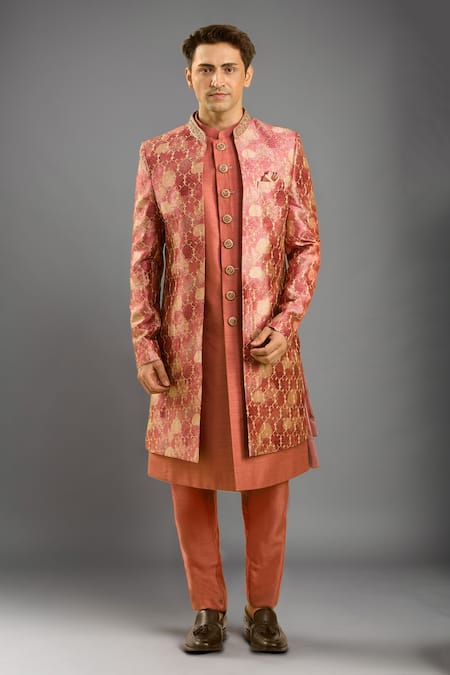 Arihant Rai Sinha Rust Orange Embroidered Sherwani Set 