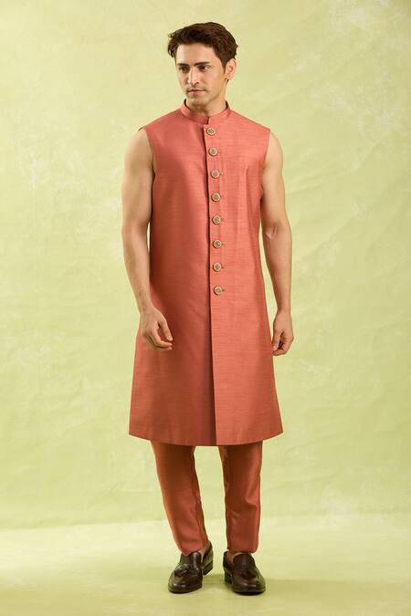 Arihant Rai Sinha_Pink Embroidery Rust Orange Sherwani Set _Online_at_Aza_Fashions