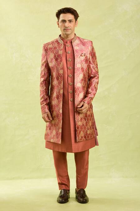 Shop_Arihant Rai Sinha_Pink Embroidery Rust Orange Sherwani Set _Online_at_Aza_Fashions