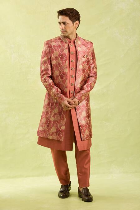 Arihant Rai Sinha_Pink Embroidery Rust Orange Sherwani Set _at_Aza_Fashions
