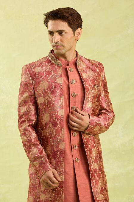Shop_Arihant Rai Sinha_Pink Embroidery Rust Orange Sherwani Set 