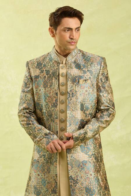 Arihant Rai Sinha Green Embroidery Beige Sherwani Set Online at Aza Fashions Arihant Rai Sinha_Green Embroidery Beige Sherwani Set _Online_at_Aza_Fashions