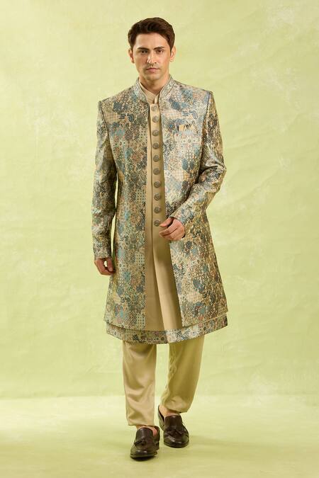 Shop Arihant Rai Sinha Green Embroidery Beige Sherwani Set Online at Aza Fashions Shop_Arihant Rai Sinha_Green Embroidery Beige Sherwani Set _Online_at_Aza_Fashions