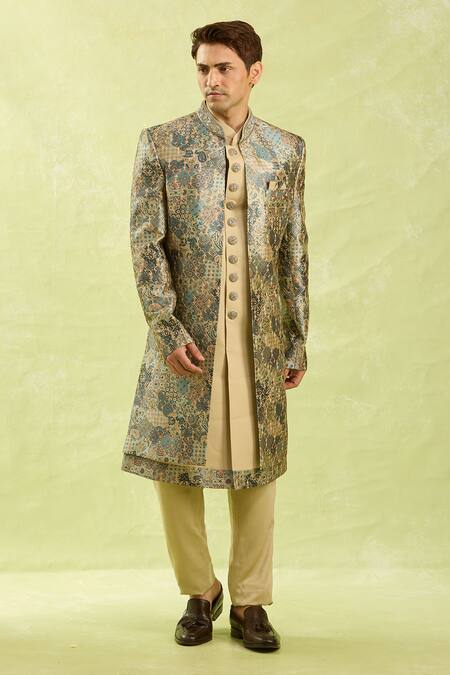Buy Arihant Rai Sinha Green Embroidery Beige Sherwani Set Buy_Arihant Rai Sinha_Green Embroidery Beige Sherwani Set
