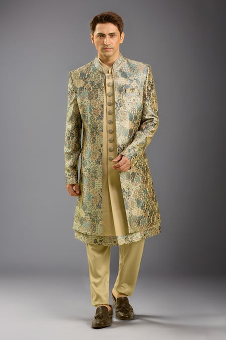 Arihant Rai Sinha Green Beige Embroidered Sherwani Set 