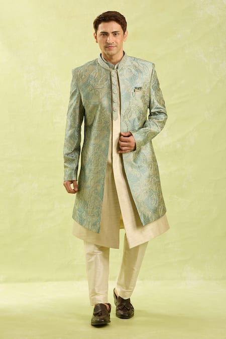 Arihant Rai Sinha_Turquoise Embroidery Grey Beige Sherwani Set _Online_at_Aza_Fashions
