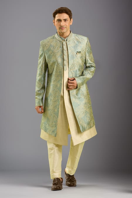 Arihant Rai Sinha Grey Beige Embroidered Sherwani Set 