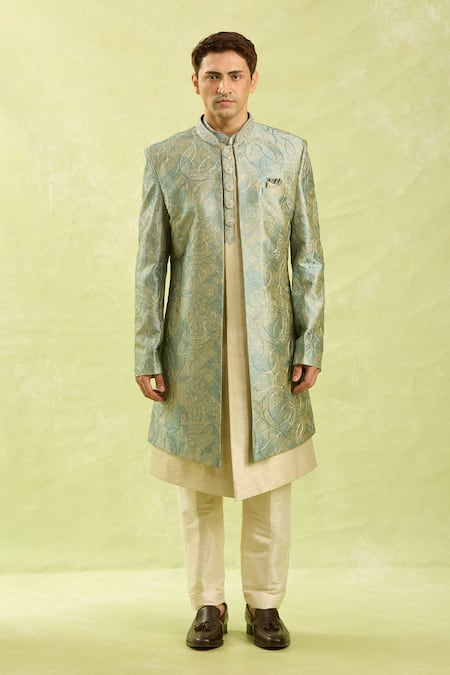Shop_Arihant Rai Sinha_Turquoise Embroidery Grey Beige Sherwani Set _Online_at_Aza_Fashions