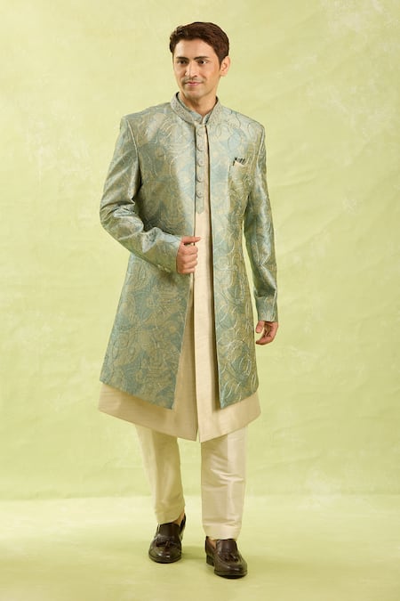 Arihant Rai Sinha_Turquoise Embroidery Grey Beige Sherwani Set _at_Aza_Fashions