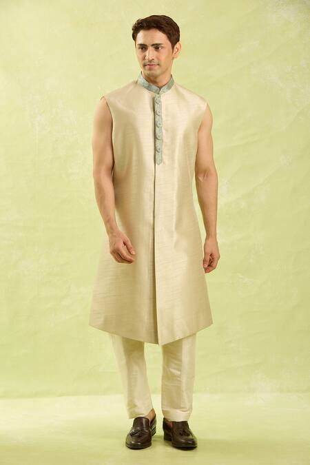 Buy_Arihant Rai Sinha_Turquoise Embroidery Grey Beige Sherwani Set 