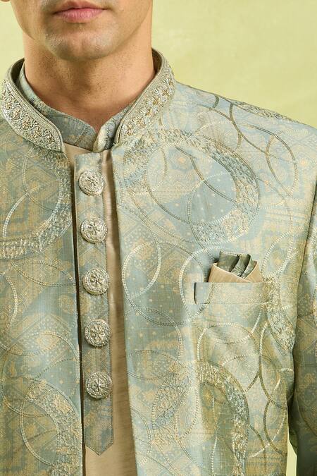 Shop_Arihant Rai Sinha_Turquoise Embroidery Grey Beige Sherwani Set 