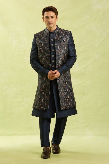 Arihant Rai Sinha_Blue Embroidery Digital Print Nehru Jacket Set _Online_at_Aza_Fashions