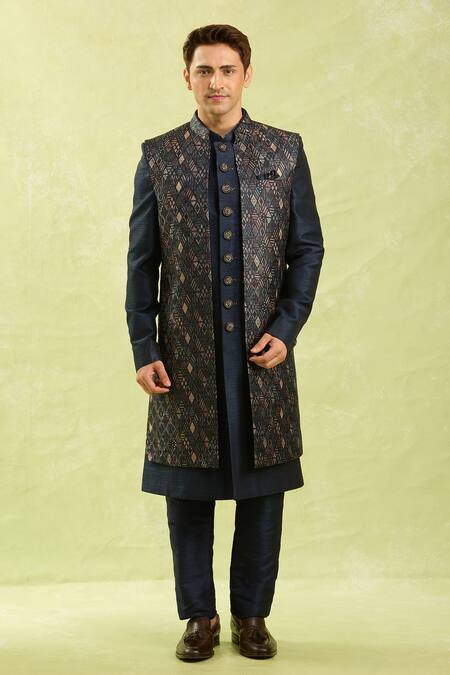 Buy_Arihant Rai Sinha_Blue Embroidery Digital Print Nehru Jacket Set 