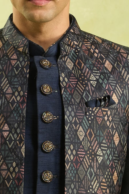 Shop_Arihant Rai Sinha_Blue Embroidery Digital Print Nehru Jacket Set 