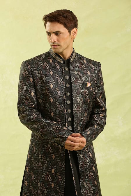 Arihant Rai Sinha_Black Embroidery Digital Print Sherwani Set _Online_at_Aza_Fashions