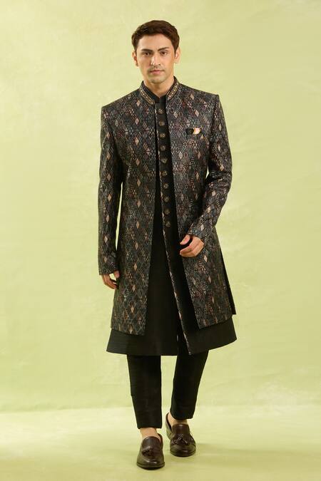 Arihant Rai Sinha_Black Embroidery Digital Print Sherwani Set _at_Aza_Fashions