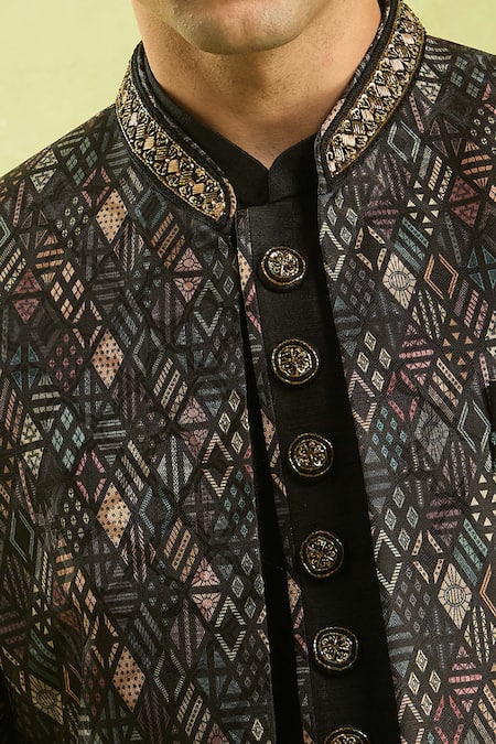 Shop_Arihant Rai Sinha_Black Embroidery Digital Print Sherwani Set 
