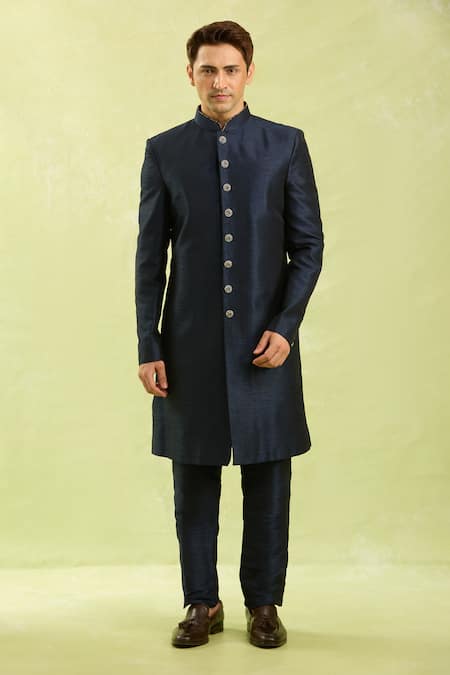 Arihant Rai Sinha Blue Jacquard, Silk Embroidery Art Nehru Jacket Set Online at Aza Fashions Arihant Rai Sinha_Blue Jacquard, Silk Embroidery Art Nehru Jacket Set _Online_at_Aza_Fashions