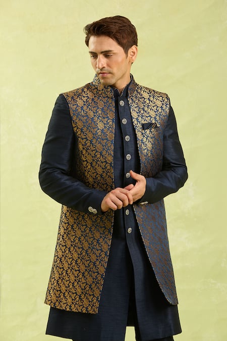 Shop Arihant Rai Sinha Blue Jacquard, Silk Embroidery Art Nehru Jacket Set Online at Aza Fashions Shop_Arihant Rai Sinha_Blue Jacquard, Silk Embroidery Art Nehru Jacket Set _Online_at_Aza_Fashions
