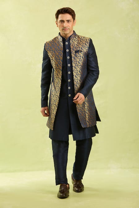 Arihant Rai Sinha Blue Jacquard, Silk Embroidery Art Nehru Jacket Set at Aza Fashions Arihant Rai Sinha_Blue Jacquard, Silk Embroidery Art Nehru Jacket Set _at_Aza_Fashions