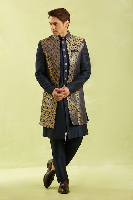 Buy Arihant Rai Sinha Blue Jacquard, Silk Embroidery Art Nehru Jacket Set Buy_Arihant Rai Sinha_Blue Jacquard, Silk Embroidery Art Nehru Jacket Set