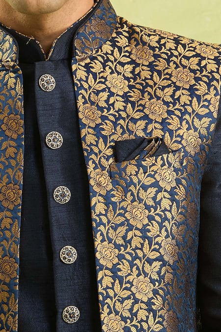 Shop Arihant Rai Sinha Blue Jacquard, Silk Embroidery Art Nehru Jacket Set Shop_Arihant Rai Sinha_Blue Jacquard, Silk Embroidery Art Nehru Jacket Set