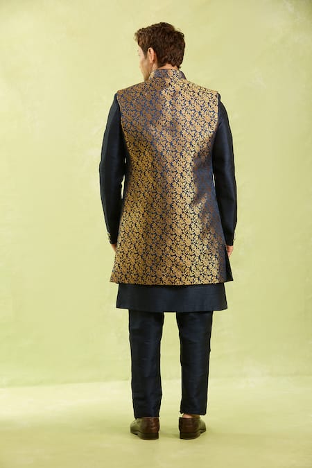 Shop Arihant Rai Sinha Blue Jacquard, Silk Embroidery Art Nehru Jacket Set at Aza Fashions Shop_Arihant Rai Sinha_Blue Jacquard, Silk Embroidery Art Nehru Jacket Set _at_Aza_Fashions