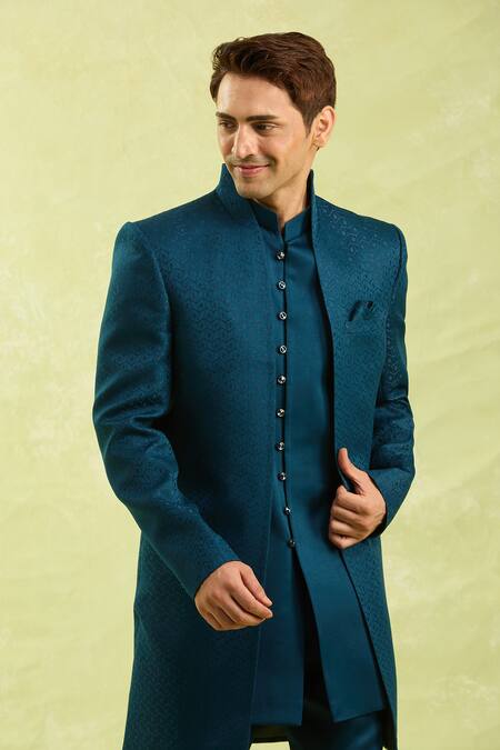 Buy_Arihant Rai Sinha_Blue Silk, Jacquard Embroidery Sherwani Set _Online_at_Aza_Fashions