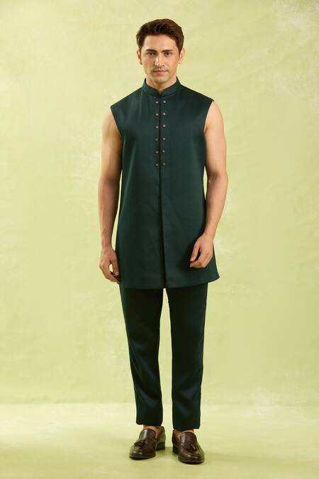 Buy_Arihant Rai Sinha_Green Jacquard Silk 3 Piece Jacket Set _Online_at_Aza_Fashions