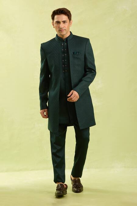 Arihant Rai Sinha_Green Jacquard Silk 3 Piece Jacket Set _at_Aza_Fashions