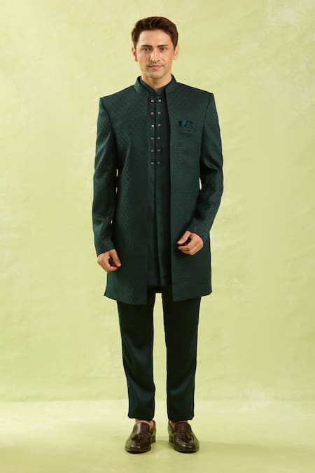 Shop_Arihant Rai Sinha_Green Jacquard Silk 3 Piece Jacket Set 