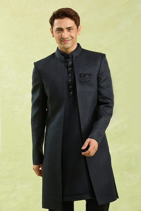 Arihant Rai Sinha_Blue Jacquard, Silk Pattern 3 Piece Jacket Set _Online_at_Aza_Fashions