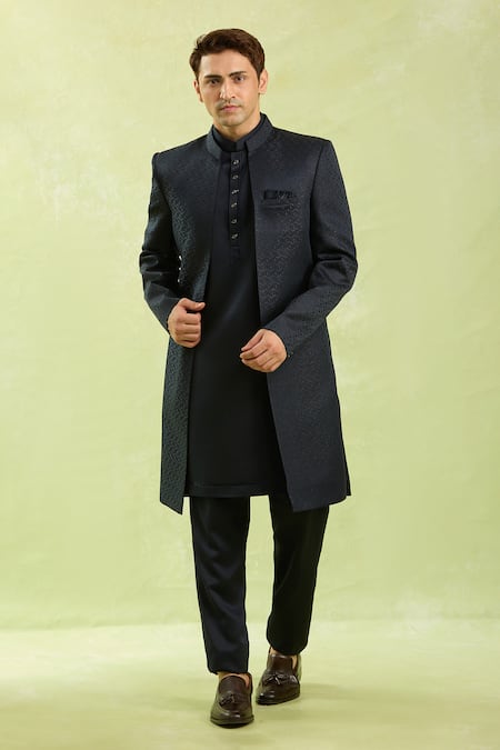 Shop_Arihant Rai Sinha_Blue Jacquard, Silk Pattern 3 Piece Jacket Set _Online_at_Aza_Fashions