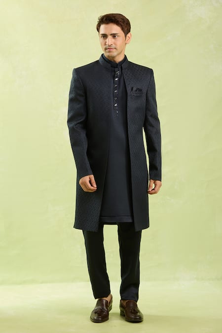 Arihant Rai Sinha_Blue Jacquard, Silk Pattern 3 Piece Jacket Set _at_Aza_Fashions