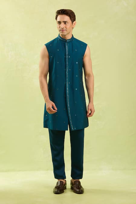 Shop Arihant Rai Sinha Blue Patterned Jacquard 3 Piece Jacket Set Online at Aza Fashions Shop_Arihant Rai Sinha_Blue Patterned Jacquard 3 Piece Jacket Set _Online_at_Aza_Fashions