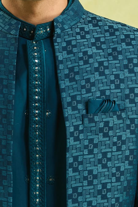 Arihant Rai Sinha Blue Patterned Jacquard 3 Piece Jacket Set at Aza Fashions Arihant Rai Sinha_Blue Patterned Jacquard 3 Piece Jacket Set _at_Aza_Fashions
