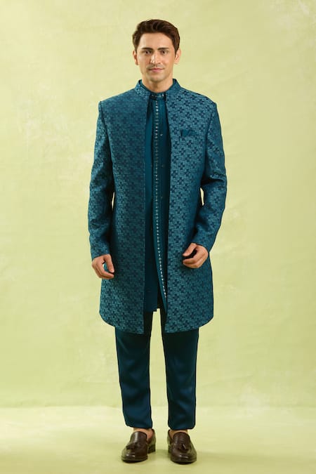 Buy Arihant Rai Sinha Blue Patterned Jacquard 3 Piece Jacket Set Buy_Arihant Rai Sinha_Blue Patterned Jacquard 3 Piece Jacket Set