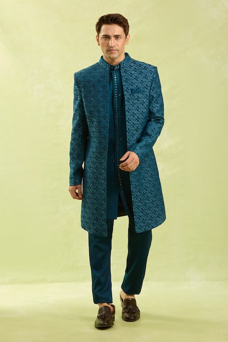 Shop Arihant Rai Sinha Blue Patterned Jacquard 3 Piece Jacket Set Shop_Arihant Rai Sinha_Blue Patterned Jacquard 3 Piece Jacket Set