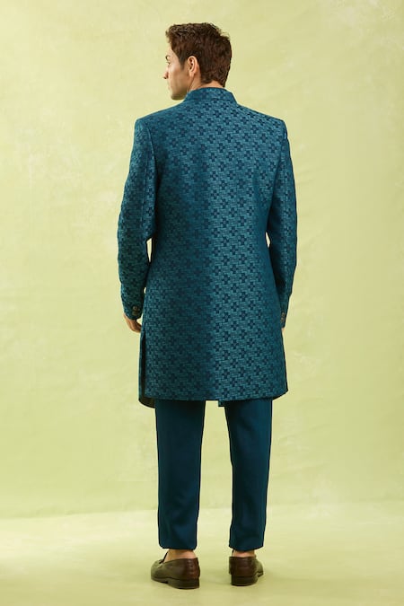 Shop Arihant Rai Sinha Blue Patterned Jacquard 3 Piece Jacket Set at Aza Fashions Shop_Arihant Rai Sinha_Blue Patterned Jacquard 3 Piece Jacket Set _at_Aza_Fashions