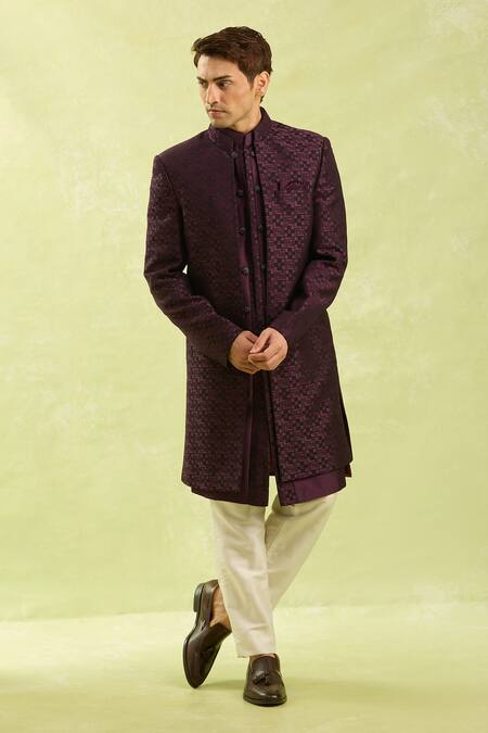 Arihant Rai Sinha_Wine Embroidery Pattern Jacquard Silk Sherwani Set _Online_at_Aza_Fashions