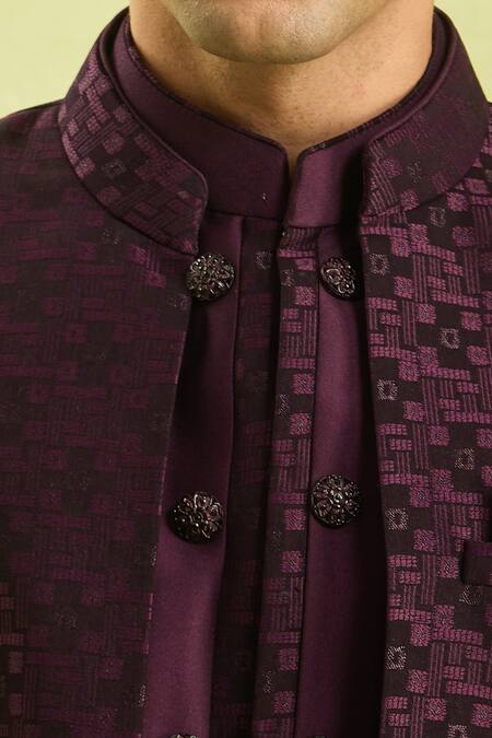 Buy_Arihant Rai Sinha_Wine Embroidery Pattern Jacquard Silk Sherwani Set _Online_at_Aza_Fashions