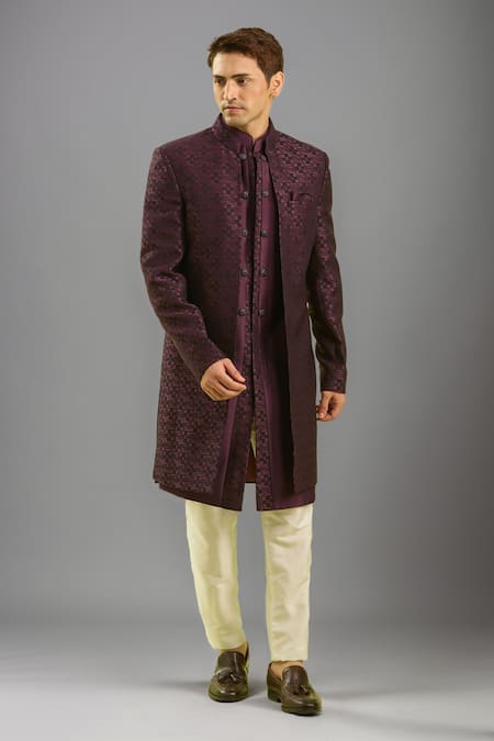 Arihant Rai Sinha Wine Pattern Jacquard Silk Sherwani Set 
